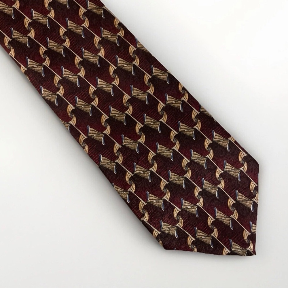 Burma-Bibas Men's Tie Vintage Maroon Brown Gold Geometric Silk X-Long 65L 4W USA